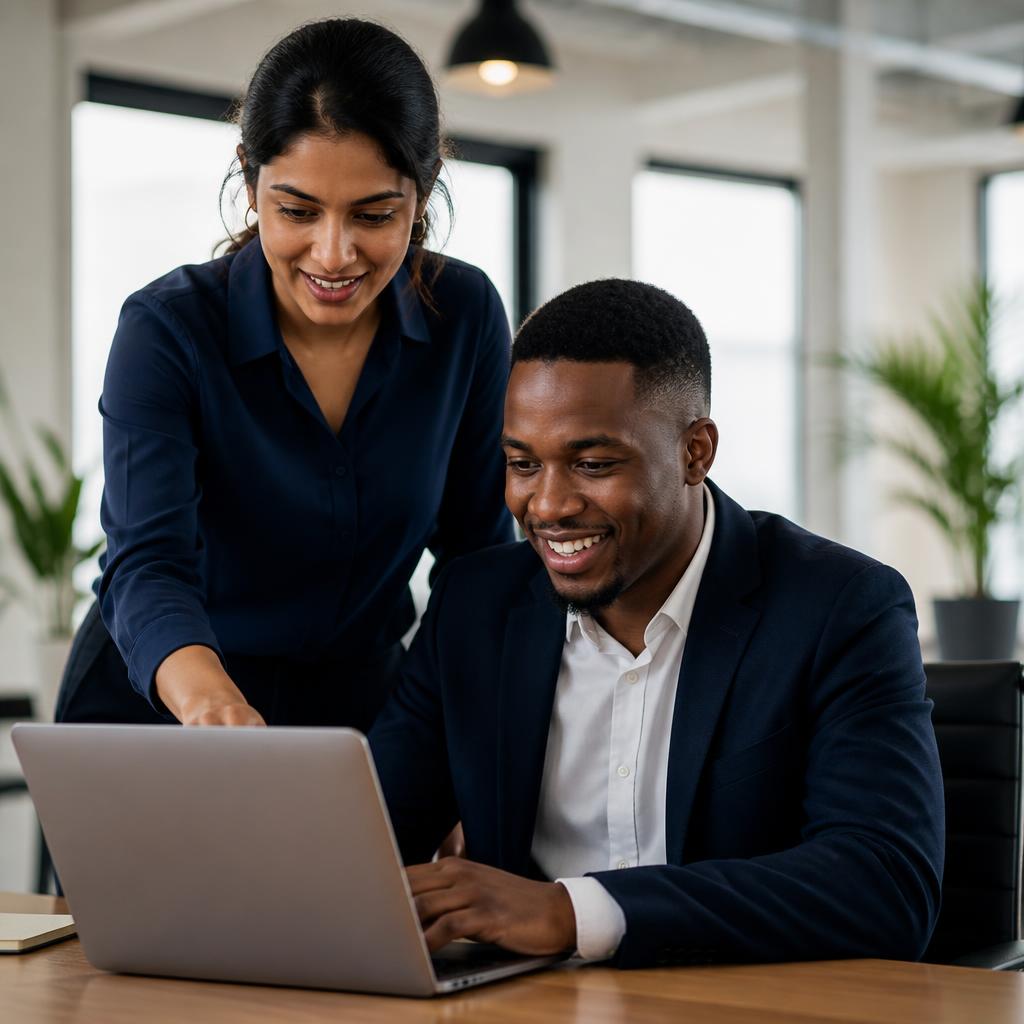 Two South African professionals reviewing job applications on a laptop